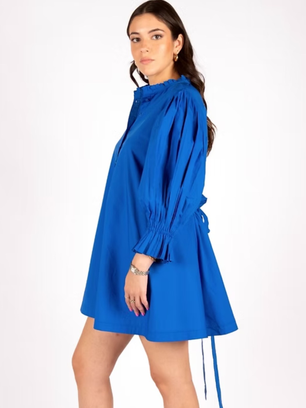 Sincerely Ours cobalt blue poplin dress playful puff sleeves ruffled cuffs XS